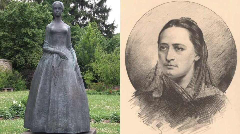 Božena Němcová a její socha u Muzea Boženy Němcové v České Skalici.
